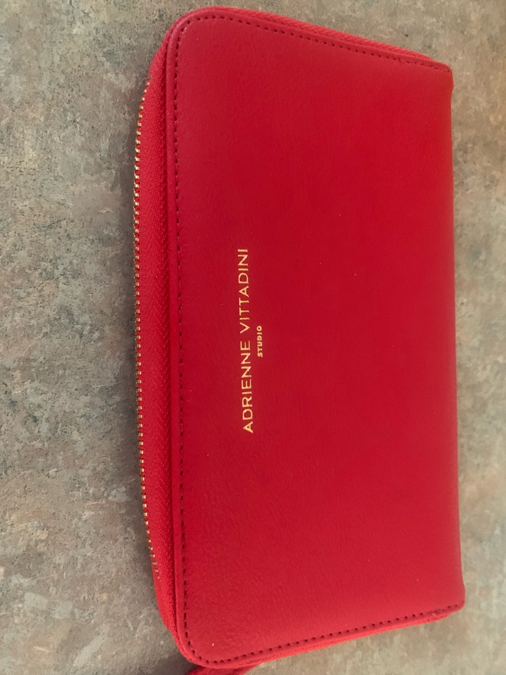 Adrienne Vittadini Bright Red Leather Zip-Around Wallet with Gold Logo